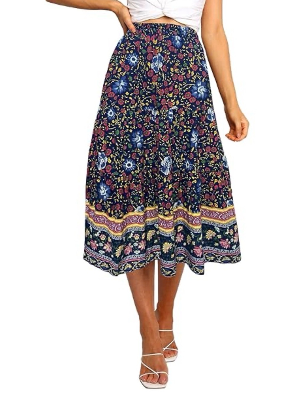 Merokeety Smoked High Waisted Navy Floral Midi Skirt with Border Print Boho